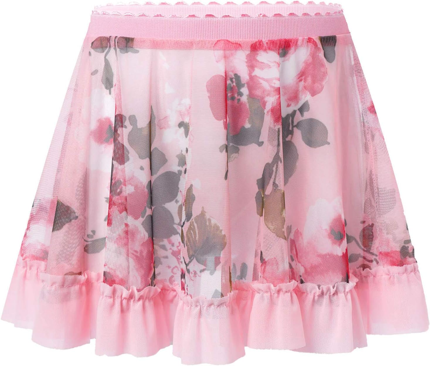 Agoky Kids Girls High Waist Flower Print Ruffle Hem A-line Mesh Tutu Skirt Dance Performance Costume