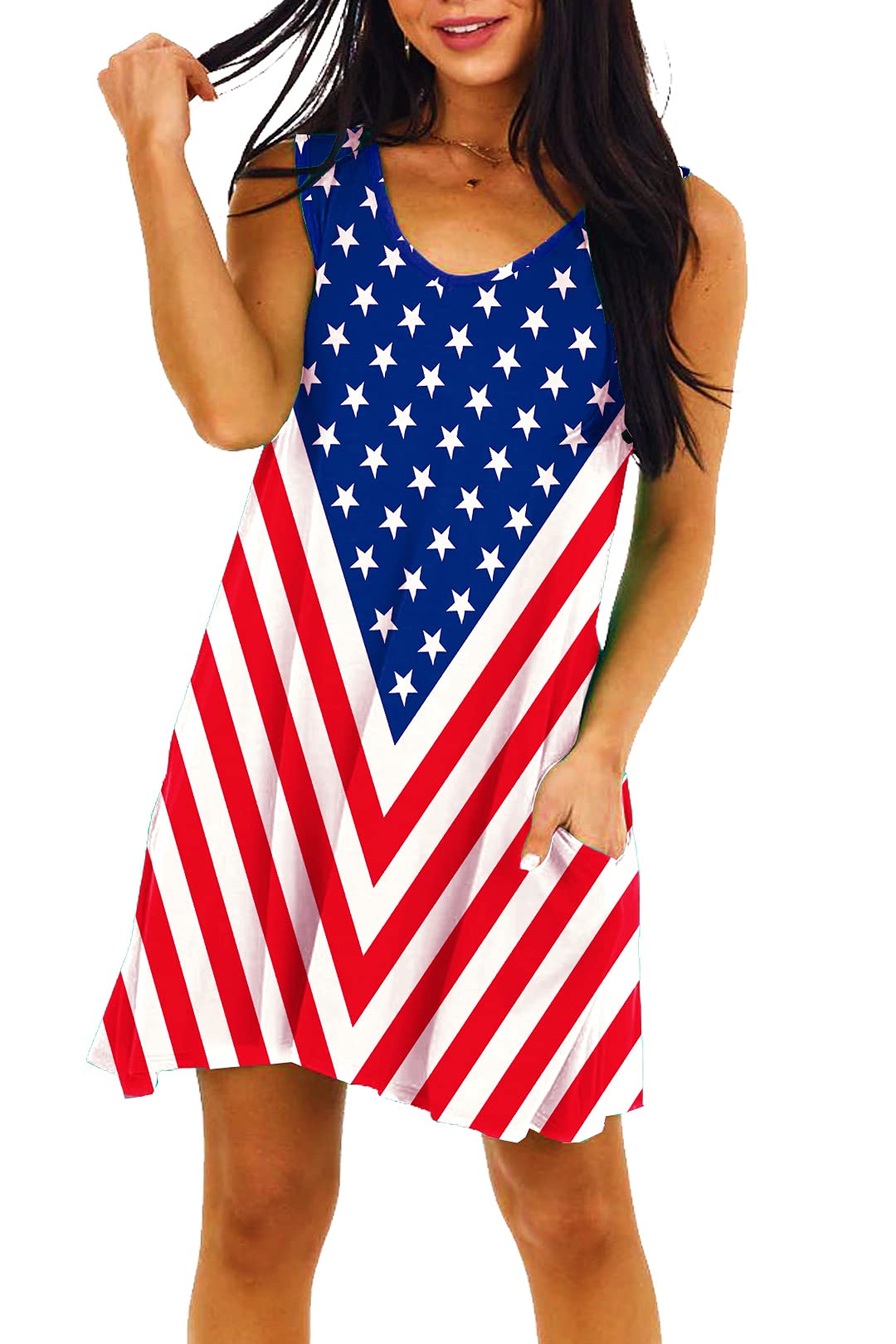 Deerose Women 4th of July Sleeveless Tank Dress with Pockets