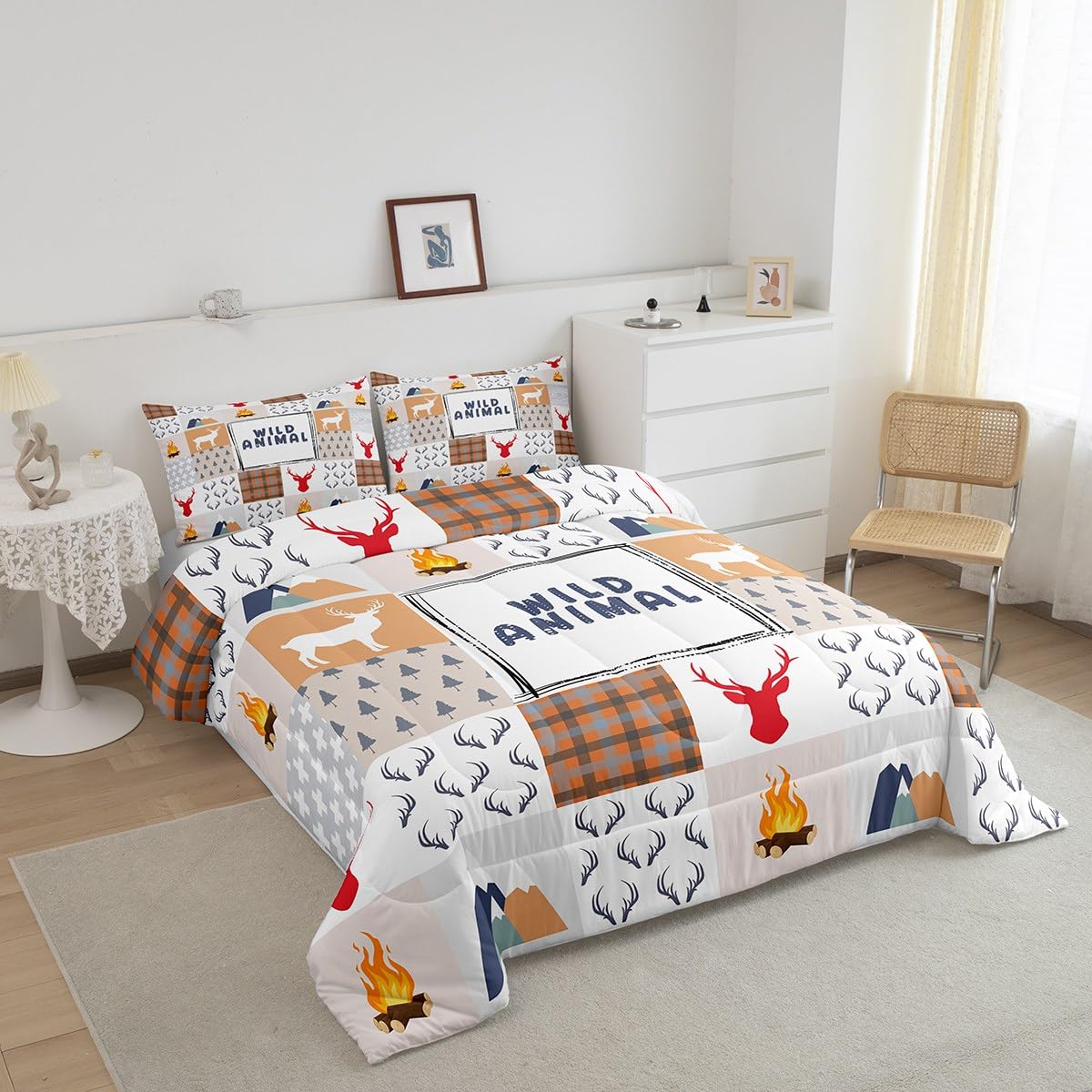 Deer Hunting Comforter Set Twin Size, Wildlife Wild Animal Antler Bedding Set Rustic Farmhouse Patchwork Duvet Insert For Kids Boys Teens Adult Bedroom Decor, Cabin Camping Decor Down Comforter