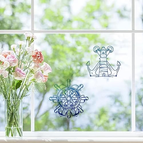 Miniatura 7 de GORGECRAFT 8 calcomanías de 6.30 pulgadas con patrón de ancla y timón para ventana, calcomanías estáticas para puertas corredizas con vitrales