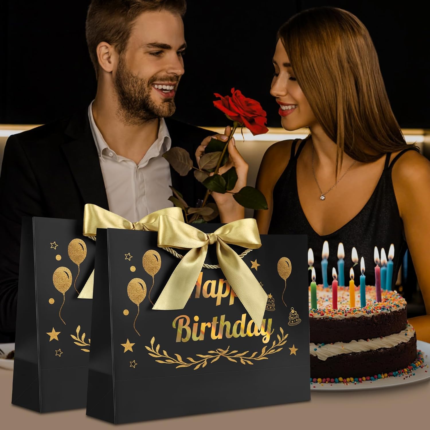 JMANNI Black Gold Happy Birthday Gift Bag with Card and Tissue Paper, 12.6"×9.84"×3.9" Elegant Present Bag for Men Women, Year Old Birthday Keepsake Party Supplies - Image 8