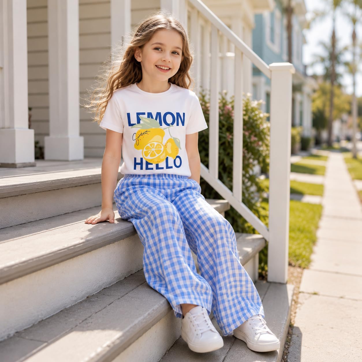 Girls 2 Piece Outfits Lemon Graphic Tee & Plaid Wide Leg Pants Matching Sets Summer Casual Clothes Size 7-14 Years