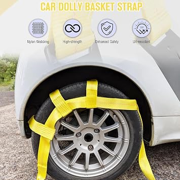 Tow Dolly Basket Straps, Car Dolly Wheel Straps with Flat Hook Fits 15-19 Tires Wheels Auto Vehicle 10,000 Lbs Breaking Strength (Yellow)