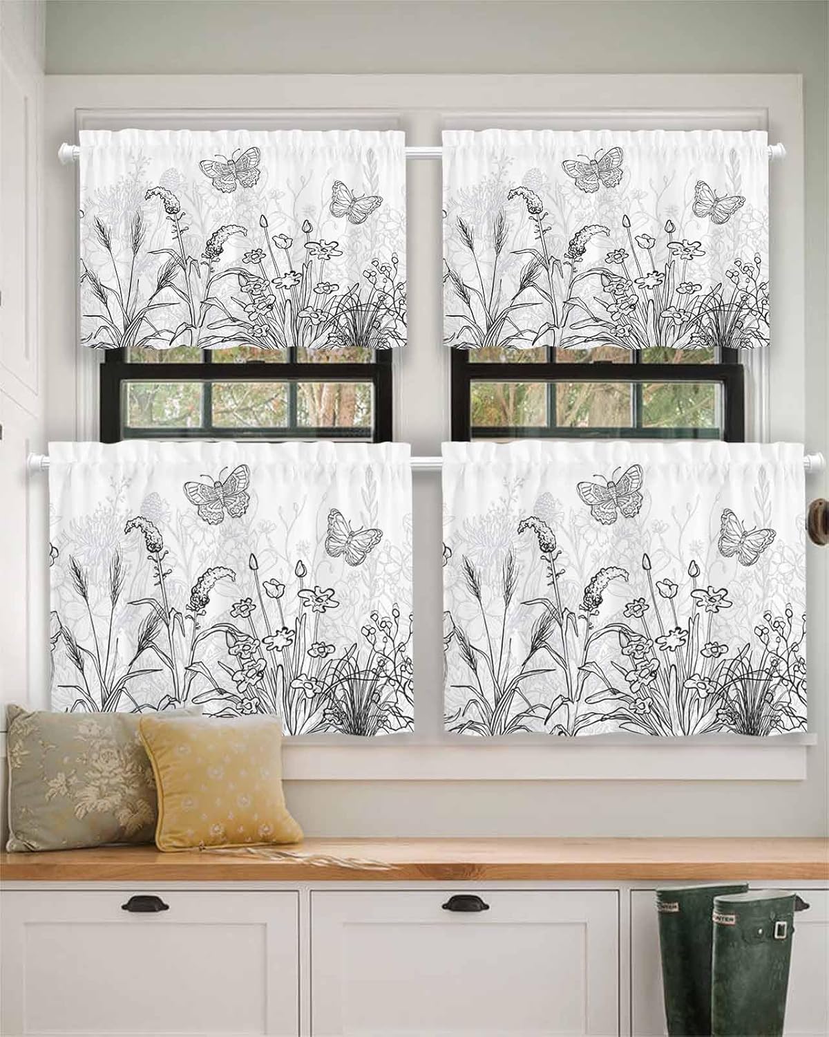 24 Inch Length Floral Curtains 2 Panels, Black Grey Flowers Butterfly Hand Drawing Plants Blackout Kitchen Curtains, Rod Pocket Small Tier Curtains for Cafe Bathroom Basement, 30 Inch Width