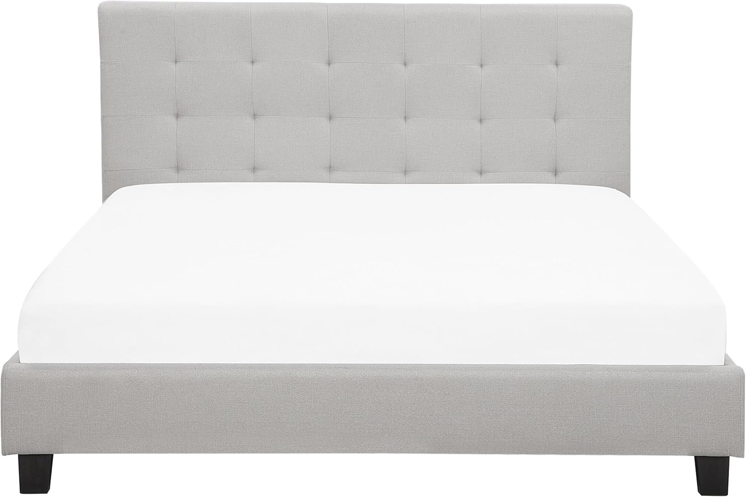Front view of the assembled Beliani La Rochelle upholstered waterbed without bedding, showing the light grey fabric and padded headboard.