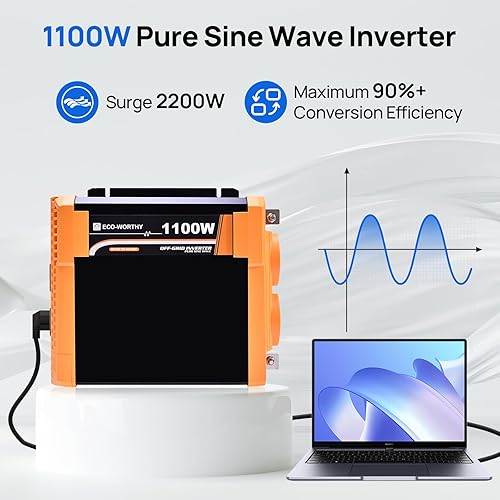 Miniatura 4 de ECO-WORTHY Inversor de energía solar de onda sinusoidal pura de 1100 W, 12 V CC a 120 V CA con puerto USB dual integrado de 18 W, 2 salidas de CA, 1