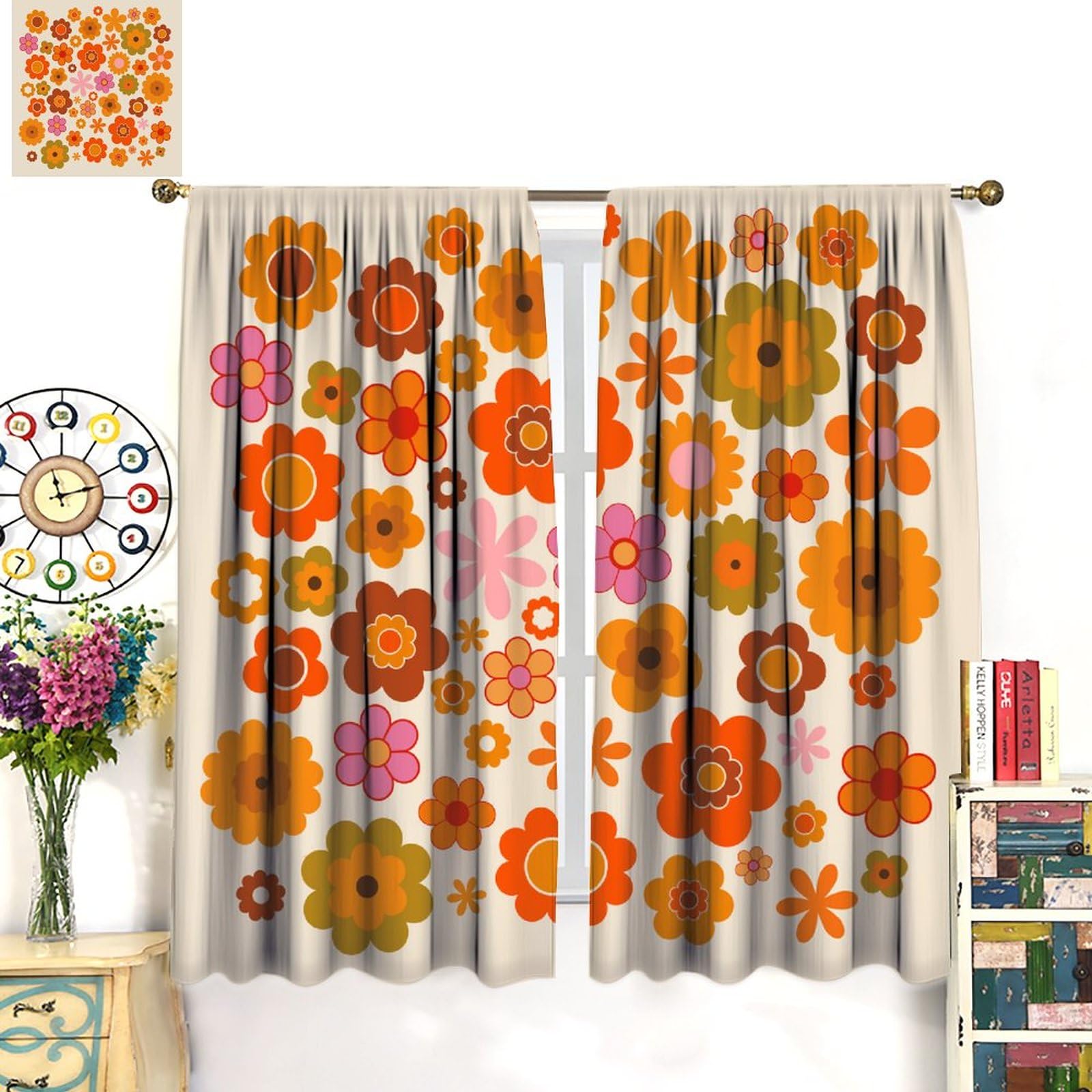 JESTRONRY Cortinas florales retro bohemias, estilo bohemio de los años 60 y 70, cortinas opacas con bolsillo para cortinero, para sala de estar, dormitorio, 132 x 213 cm