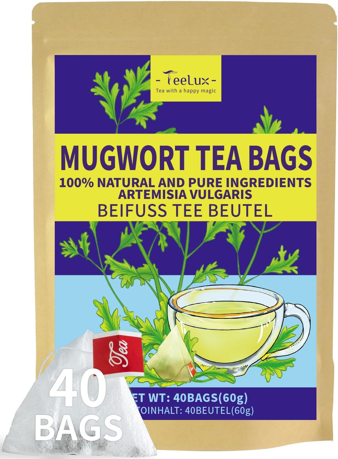 Mugwort Tea Bags 40 Count, Natural Pure Mugwort Leaves, Caffeine Free, Healthy, Dried Mugwort Herbal Tea