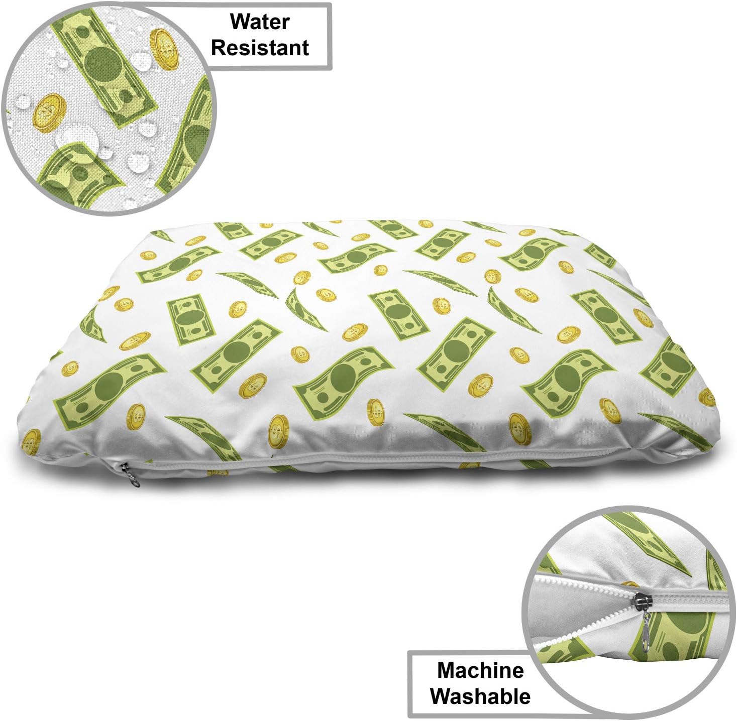 review Lunarable Money Pet Bed, Flat Style Illustration of Paper Banknotes and Coins Raining Art Print, Chew Resistant Pad for Dogs and Cats Cushion with Removable Cover, 24