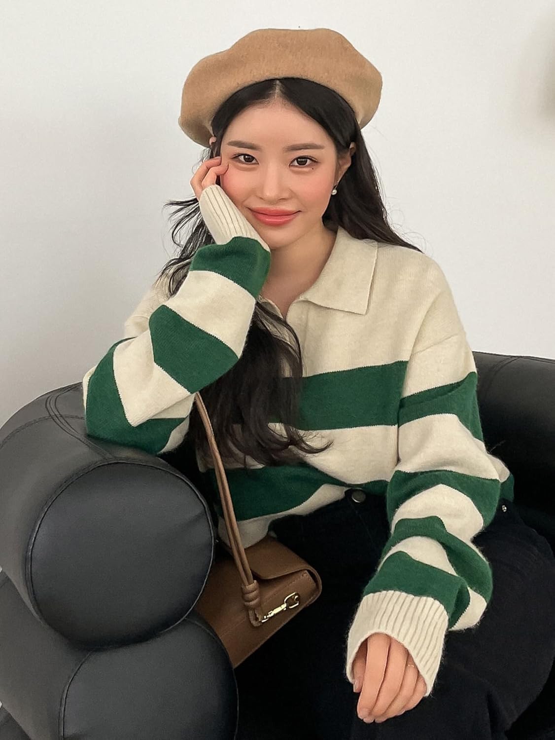 Women's Sweater Striped Pattern Drop Shoulder Polo Neck Sweater Sweater for Women (Size : Medium)