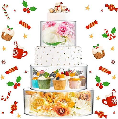 Sintuff 3 piezas de soporte acrílico para pasteles con luces LED, transparente rellenable, caja cilíndrica redonda de 3 niveles para Navidad, boda,
