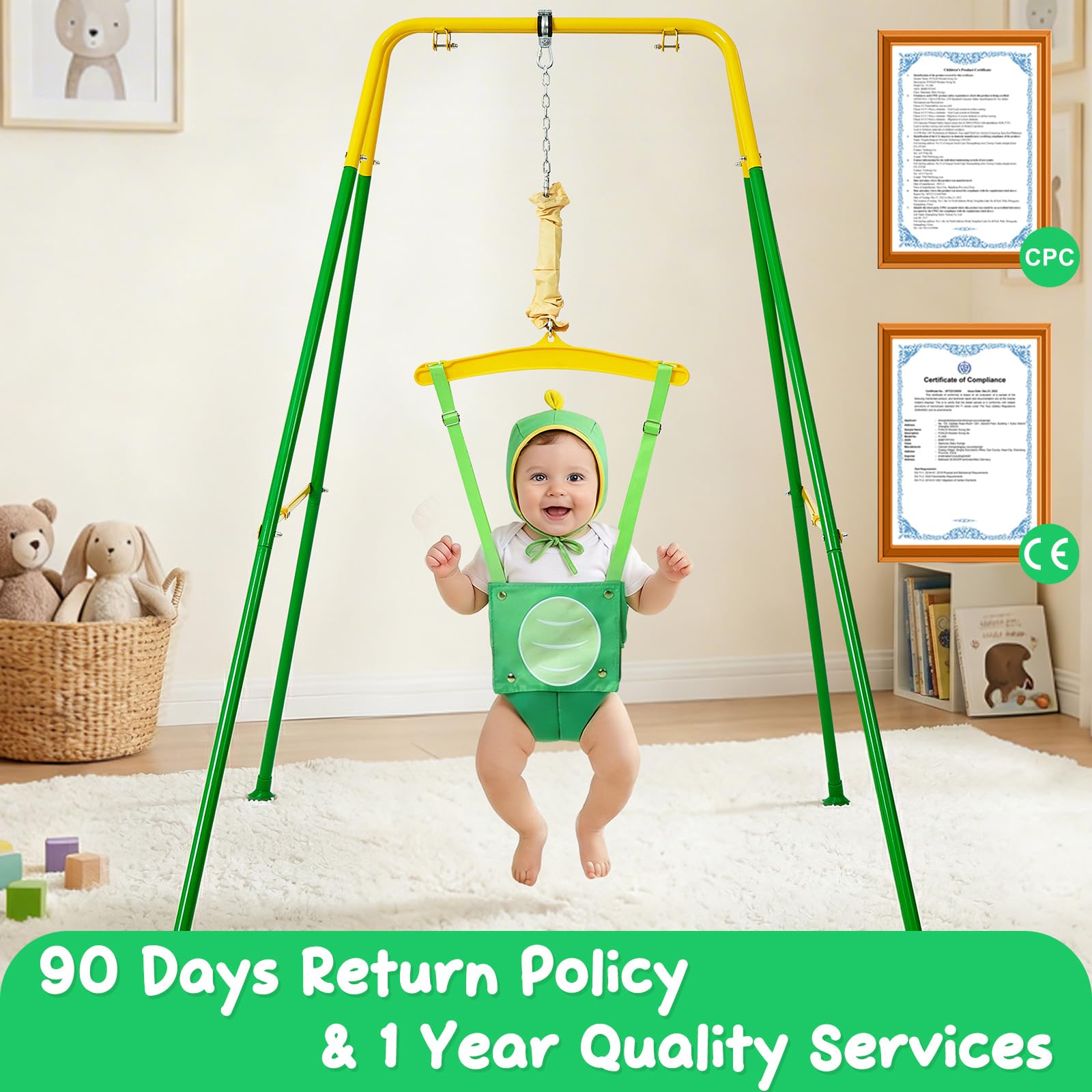 FUNLIO: saltador para bebés con soporte, de 6 a 24 meses; hamaca para bebés para jugar; saltador para niños pequeños, con cadena ajustable, fácil de montar y guardar (con soporte)