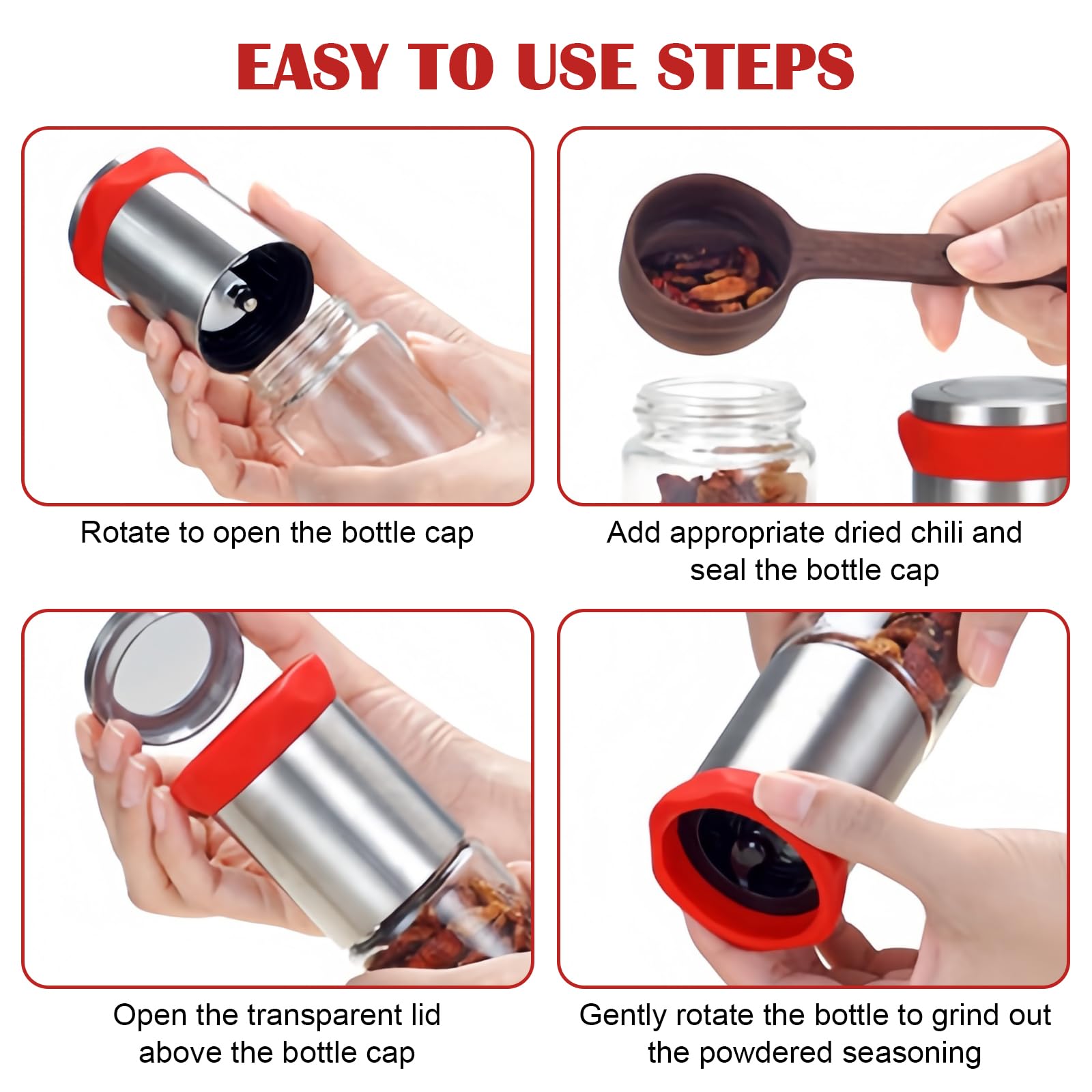 Chilimühle Edelstahl & Glas: 2 Stück 150ml Chilischneider für grobe Gewürze & Trockene Chilis, Chilimühle für Küche und Haushalt, Gewürzmühle Kräutermühle, Gewürzschneider Schneidwerk