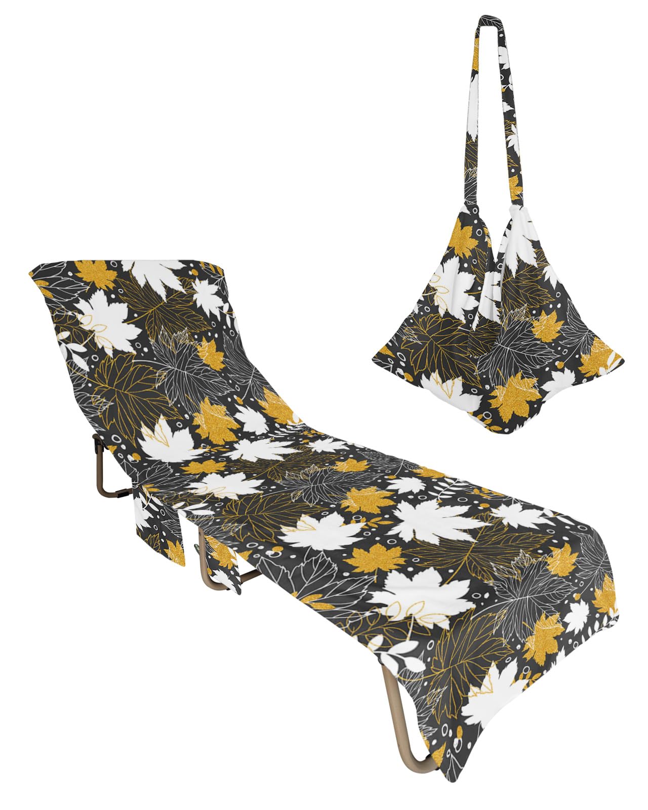 Autumn Maple Leaves, Beach Lounge Chair Towel Cover, Soft Chaise Lounge Towel with Side Pockets Patio Pool Chairs Cover for Beach/Pool Sunbathing 29x85 Yellow White Gold Leaf Black Backdrop