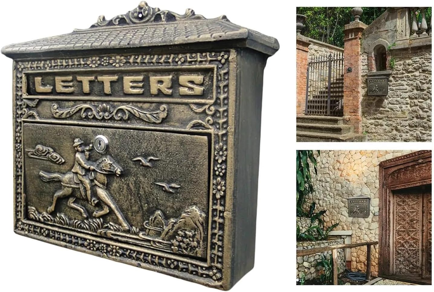 letterbox Vintage Style Wall-Mount Mailbox Lockable Iron Waterproof with Key Retro Style On House Post Letter Bronze for House Townhouse for Receiving Mail