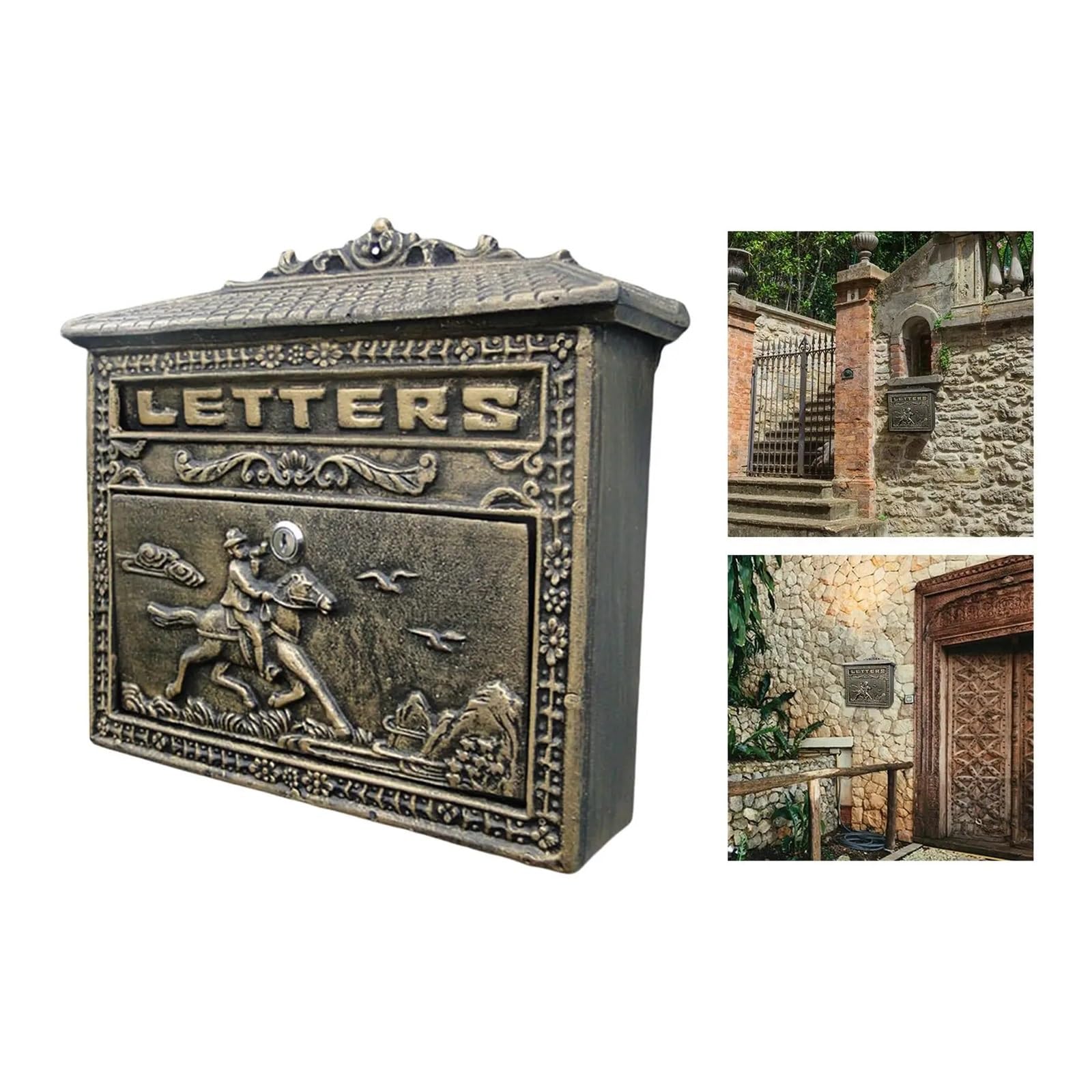 Mailbox Vintage Style Wall-Mount Mailbox Lockable Iron Waterproof with Key Retro Style On House Post Letter Bronze for House Townhouse
