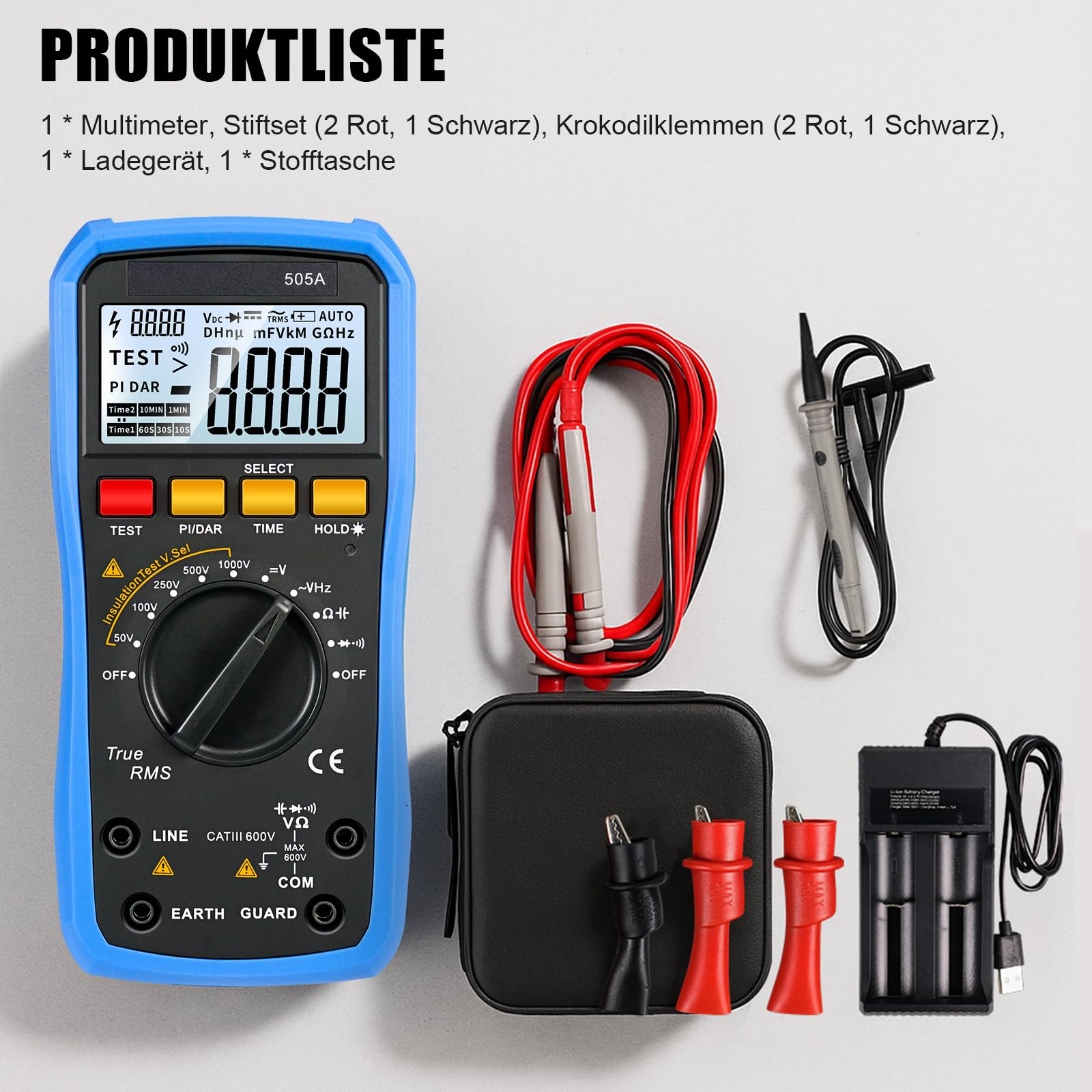 Isolationswiderstandsmessgerät + Digital multimeter-Kombigerät Megohmmeter-Spannungsbereich: 50 V–1000 V Widerstandsbereich: 0,05 MΩ–20 GΩ Digital multimeter misst Wechsel-/Gleichspannung, Widerstand