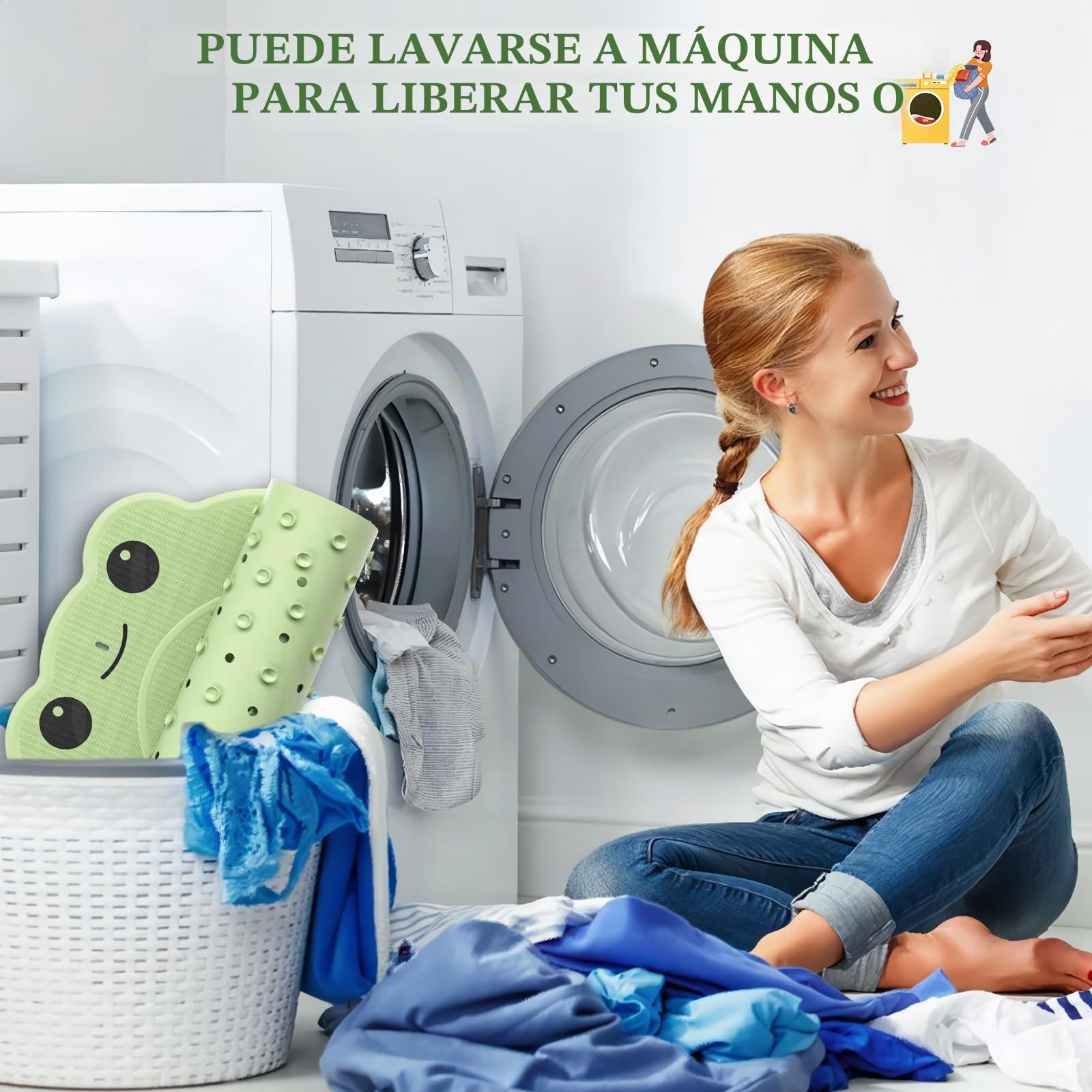 a Alfombra de Bañera Niños Antideslizante Divertida Forma de Rana, Sin BPA, 76x45 cm, Incl. 2 Ganchos para Colgar, Alfombrilla de Baño Antideslizante para Bañera y Ducha para Bebés