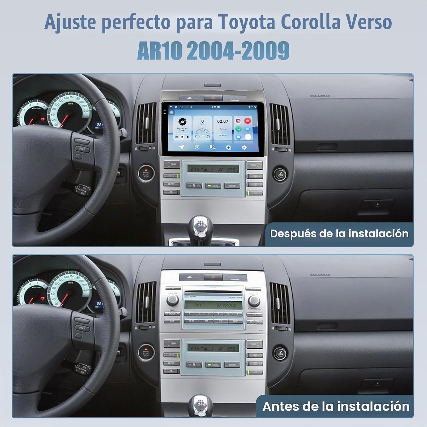 Image showing the Roinvou car radio installed in a Toyota Corolla Verso AR10 dashboard, with a comparison of the dashboard before and after installation.