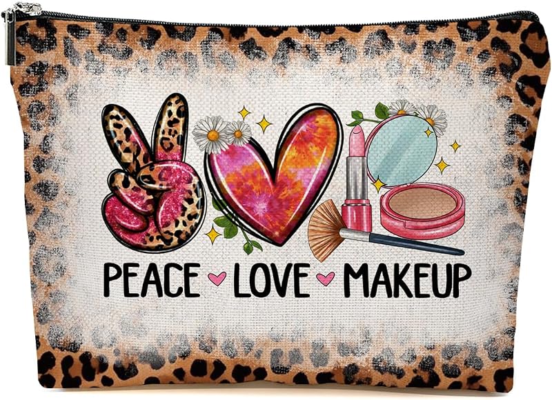 JIUWEIHU Necessaire de maquiagem Peace Love com estampa de leopardo, Multicolor 0067