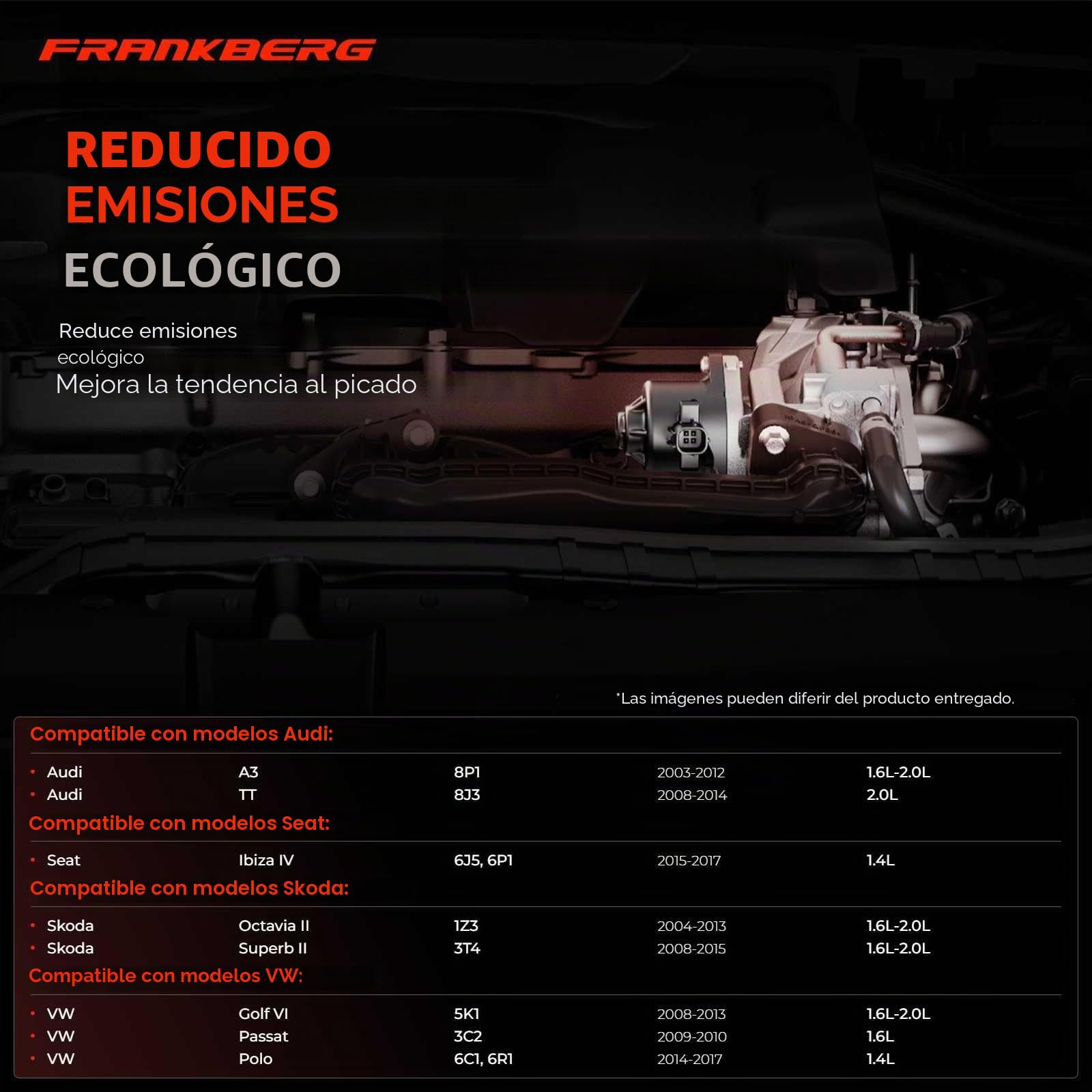 Frankberg Válvula EGR Recirculación de gases de escape para Beetle Cad.d.y CC EOS Golf J-e-t-t-a Passa.t S-c-i-r-o-c-c-o S-h-a-r-a-n Diesel 2008-2021 03L131512AP
