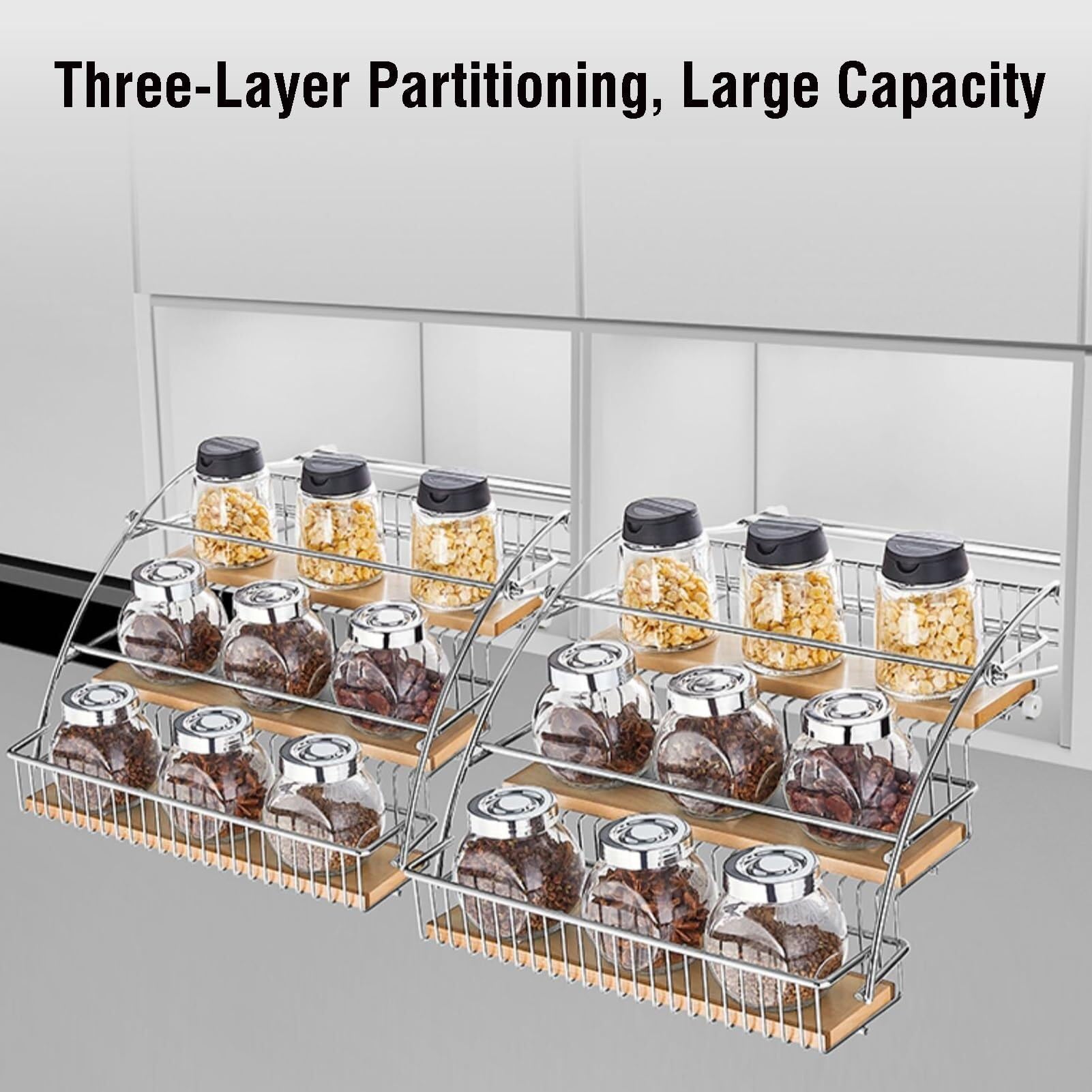 Organizer estraibile a 3 ripiani, in acciaio inox e legno, 29 x 30 x 26 cm, per dispensa, bar, caffetteria