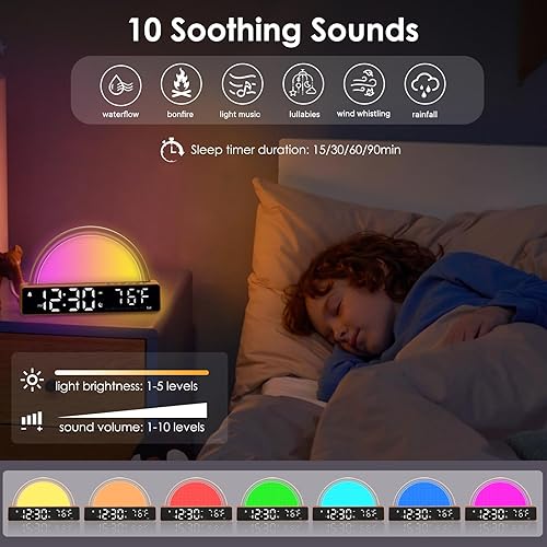 Miniatura 3 de Sunrise Alarm Clock, Wake Up Light Dawn Simulator, Bedside Lamp Color Night Light with USB Charger, Sleep Aid, Loud Sunlight Alarm Clock for Heavy