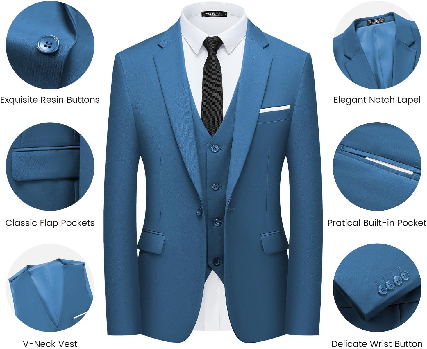 WULFUL Men’s Slim Fit Suit One Button 3-Piece Blazer Dress Business Wedding... - Picture 131 of 257
