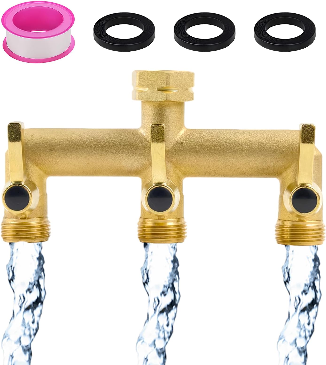 3 Way Tap Adaptor for Outdoor Tap and Garden Hoses, 3Way Brass Tap Manifold with 3 Rubber Washers–Snap Garden Tap Fitting with Individual On-Off Valves
