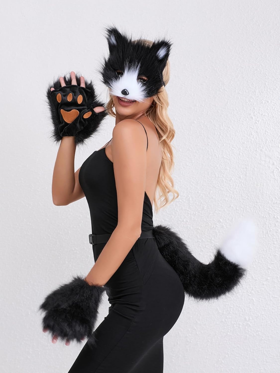Therian Mask Animal Wolf Paw Gloves & Furry Cat Ears Collar Set with Fox Tail - Cosplay Costume Kit - Image 2