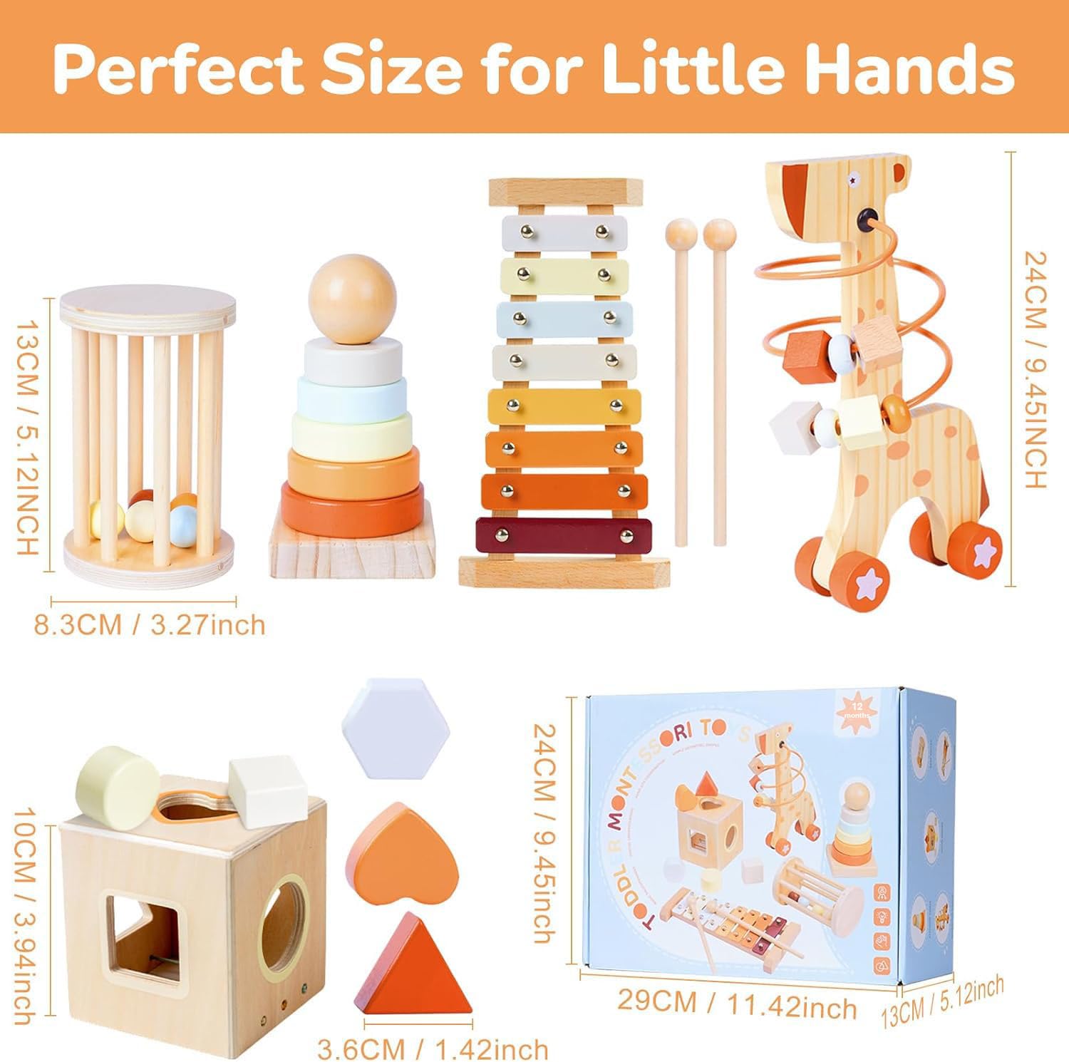 Giochi in Legno Montessori 5 in 1, Regali Bambini 1 Anno, Motricità Fine Bambini 1 2 3 Anni, Giocattolo Educativo Multiattività Bimbo con Torre Impilabile, Xilofono, Labirinto Perline