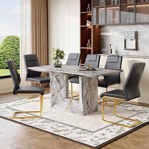 Juego de mesa de comedor de mármol de 63 pulgadas para 6 personas, juego de mesa de comedor moderno para 6 con sillas, mesa de madera de mármol gris