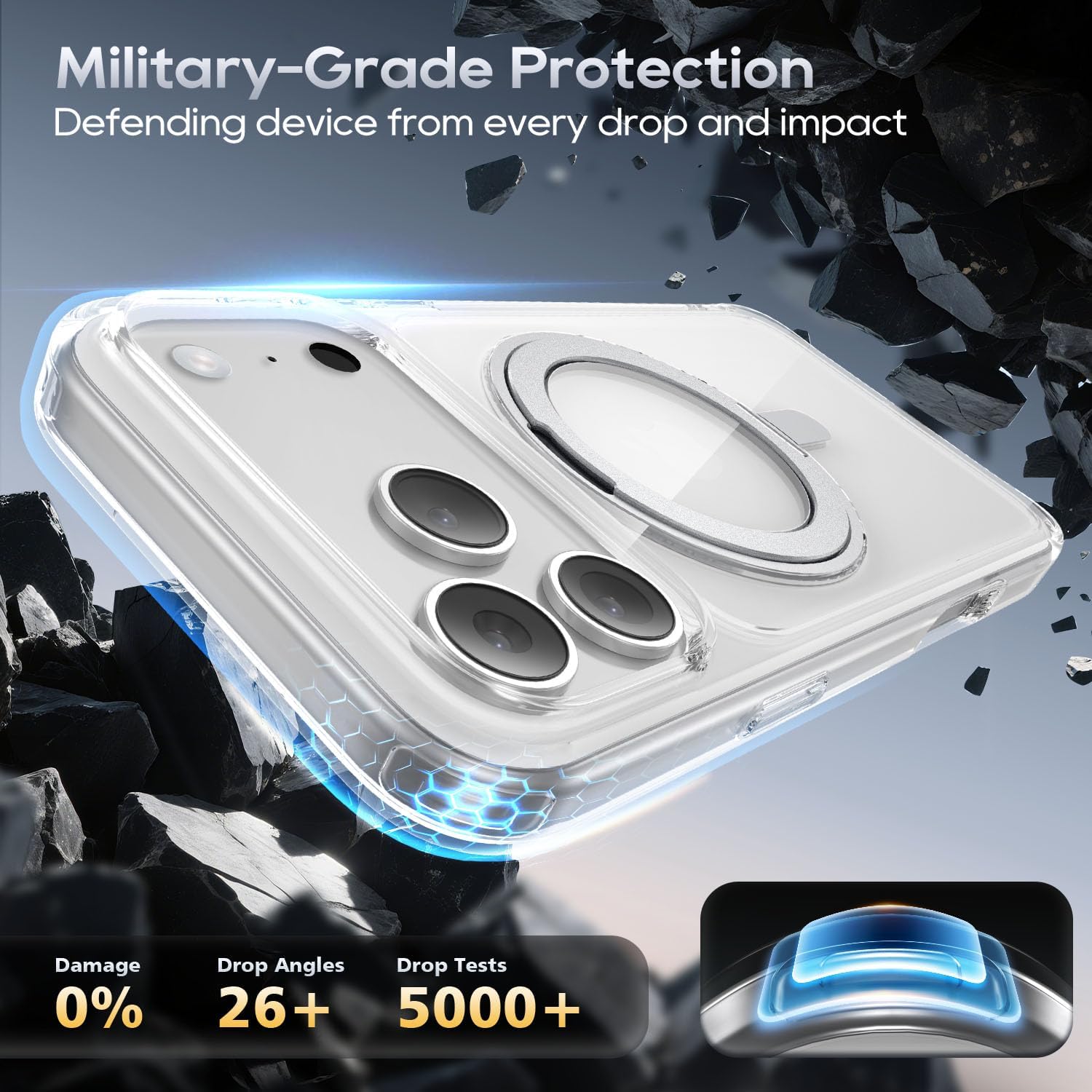 for iPhone 17 Pro Max Case 6.9-Inch with Magnetic 360° Ring Stand Compatible with MagSafe Crystal Clear Shockproof Protective Phone Cover 6.9" 2025, Clear