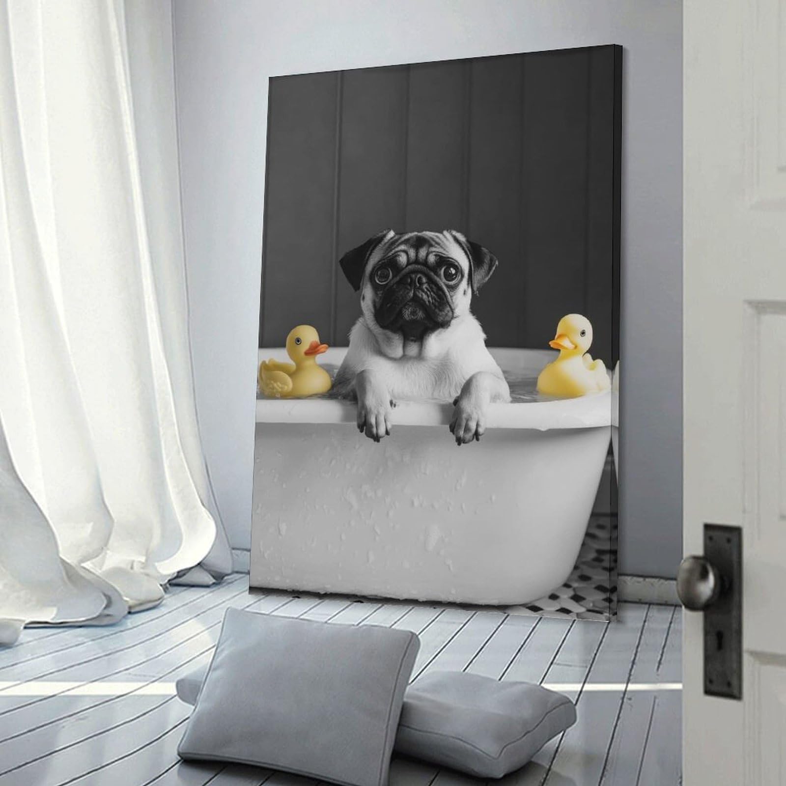 Junmoney Frame-Style-23 Pug In Bathtub With Rubber Ducks Funny Bathroom Poster Wall Picture Print, 12X18inch(30X45cm), For Living Room, Bedroom, Office Or Hallway, An Adaptable Decor Piece For Home Use