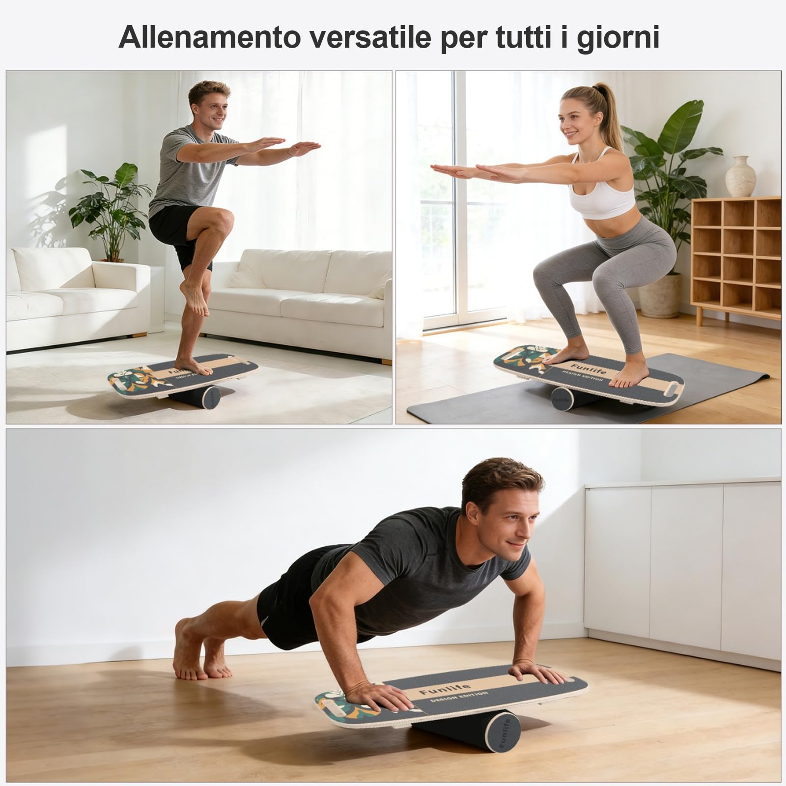 FunLife Balance Board con impugnatura MOVE e 3 fasce fitness – Set Move | Allenatore di equilibrio professionale per Core Training, fitness e stabilità, portata fino a 150 kg