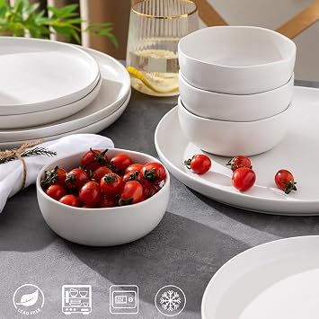 AmorArc Stoneware Cereal Bowls for Kitchen, 28oz Large Ceramic Soup Bowls Set of 4 for Meal, Snacks,Soup, Oven, Microwave&Dishwasher safe Kitchen Bowls with Wavy Rim, Matte White