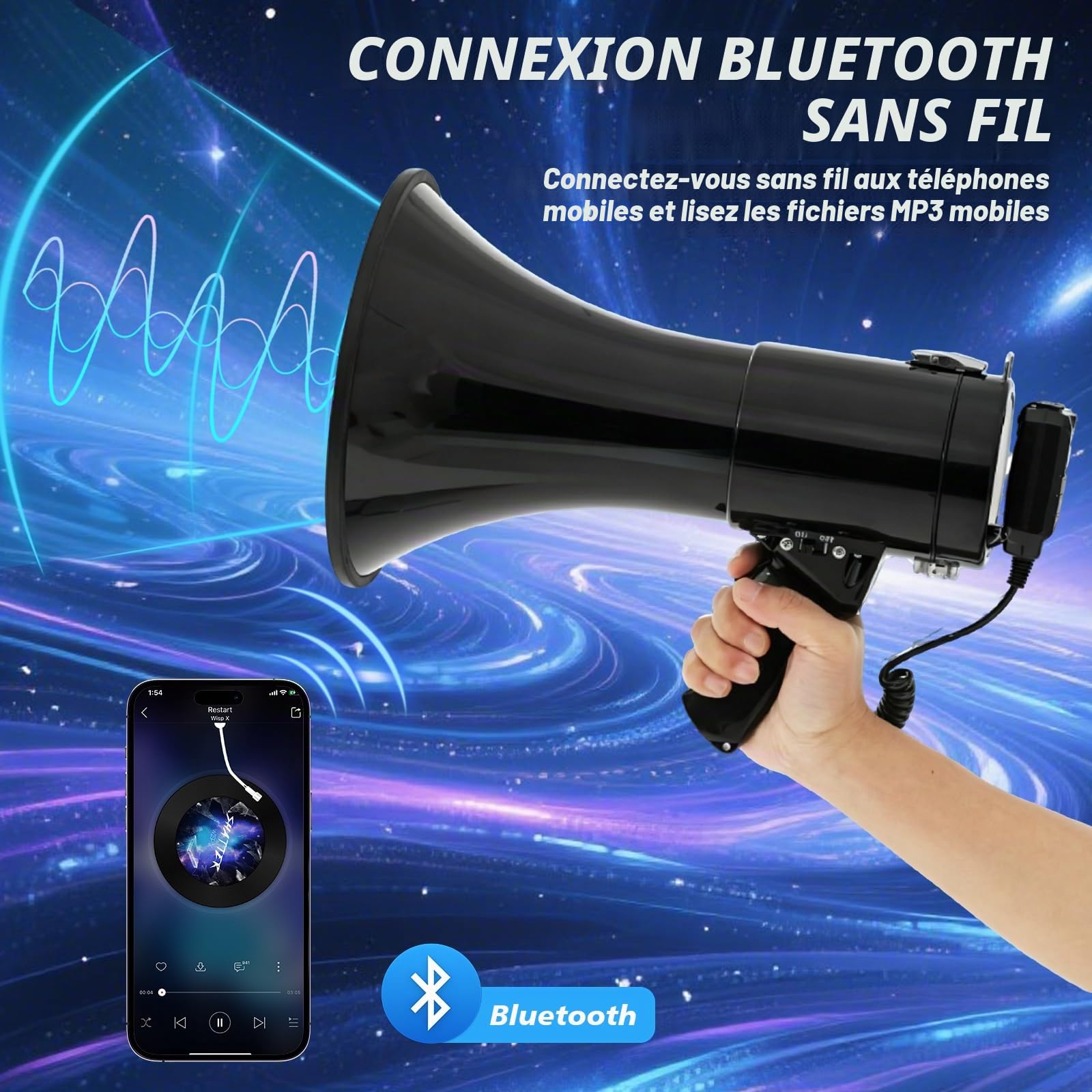 Mégaphone avec Bluetooth & Sirène, Portée de 2000m, Mégaphone Portatif avec Microphone Amovible, Haut-Parleur Rechargeable avec Sirène pour Événements Extérieurs, Contrôle de Foules, Sport