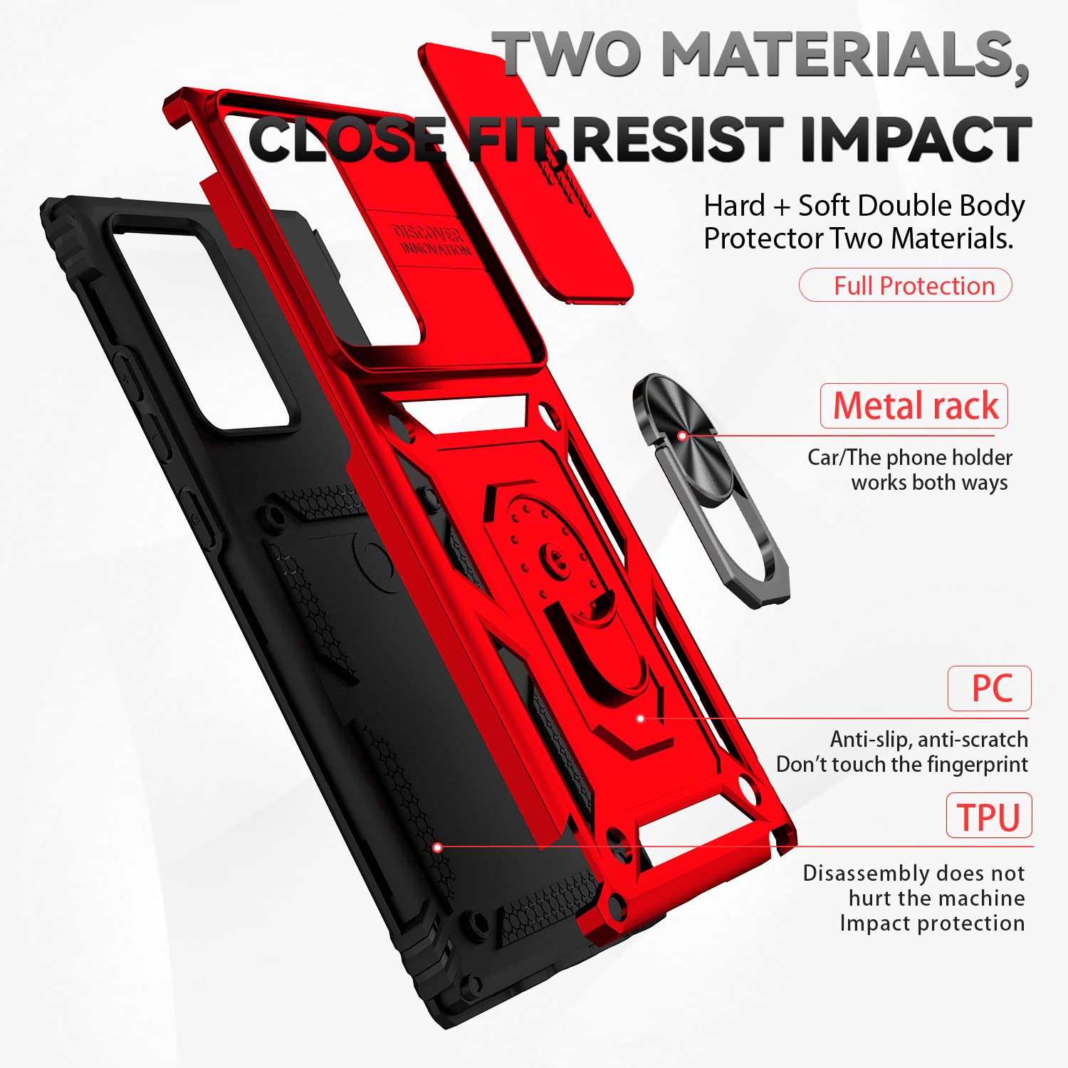 Jiyu Funda Compatible con Samsung Galaxy Note20 Ultra Carcasă Armor Militar Cubierta de Cámara Deslizante Proteger Fundas con 360 Full Protección Anillo Soporte Silicona Estuche Cover Case,Rojo — view 8