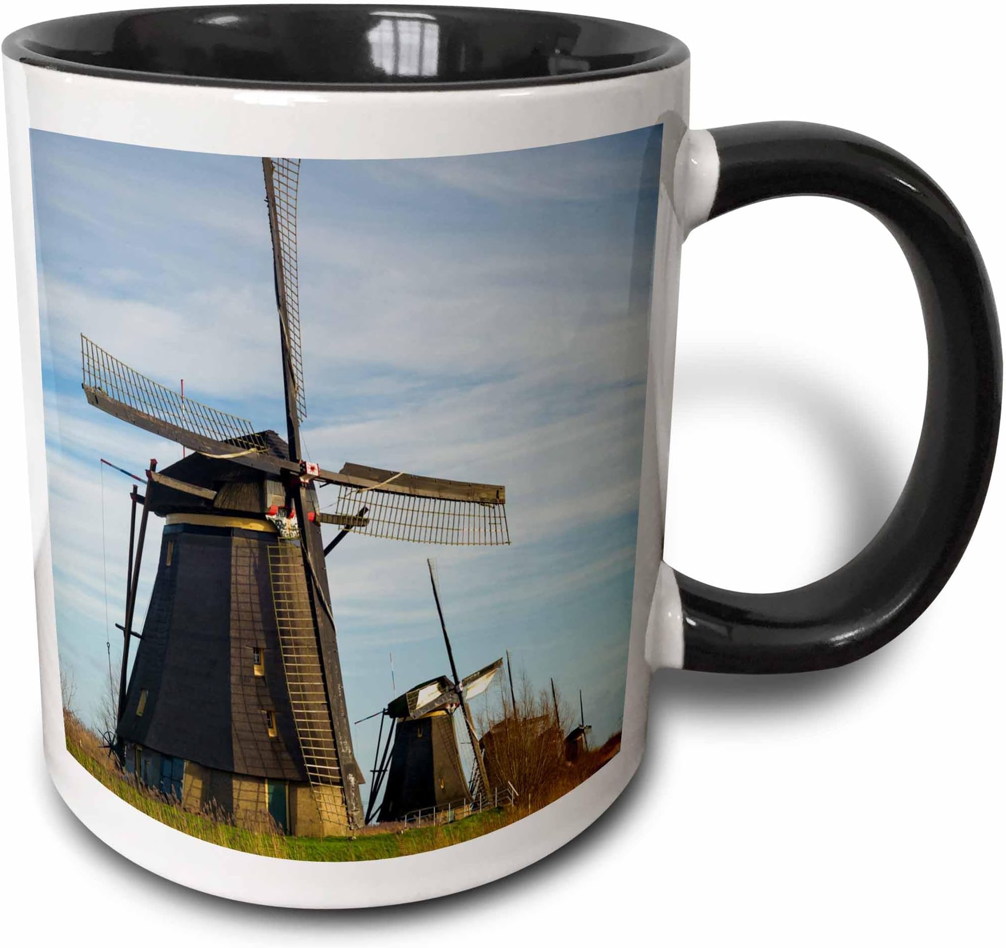 3dRose Netherlands, Kinderdijk. Traditional Dutch windmills along a canal. 11oz Two-Tone Black Mug