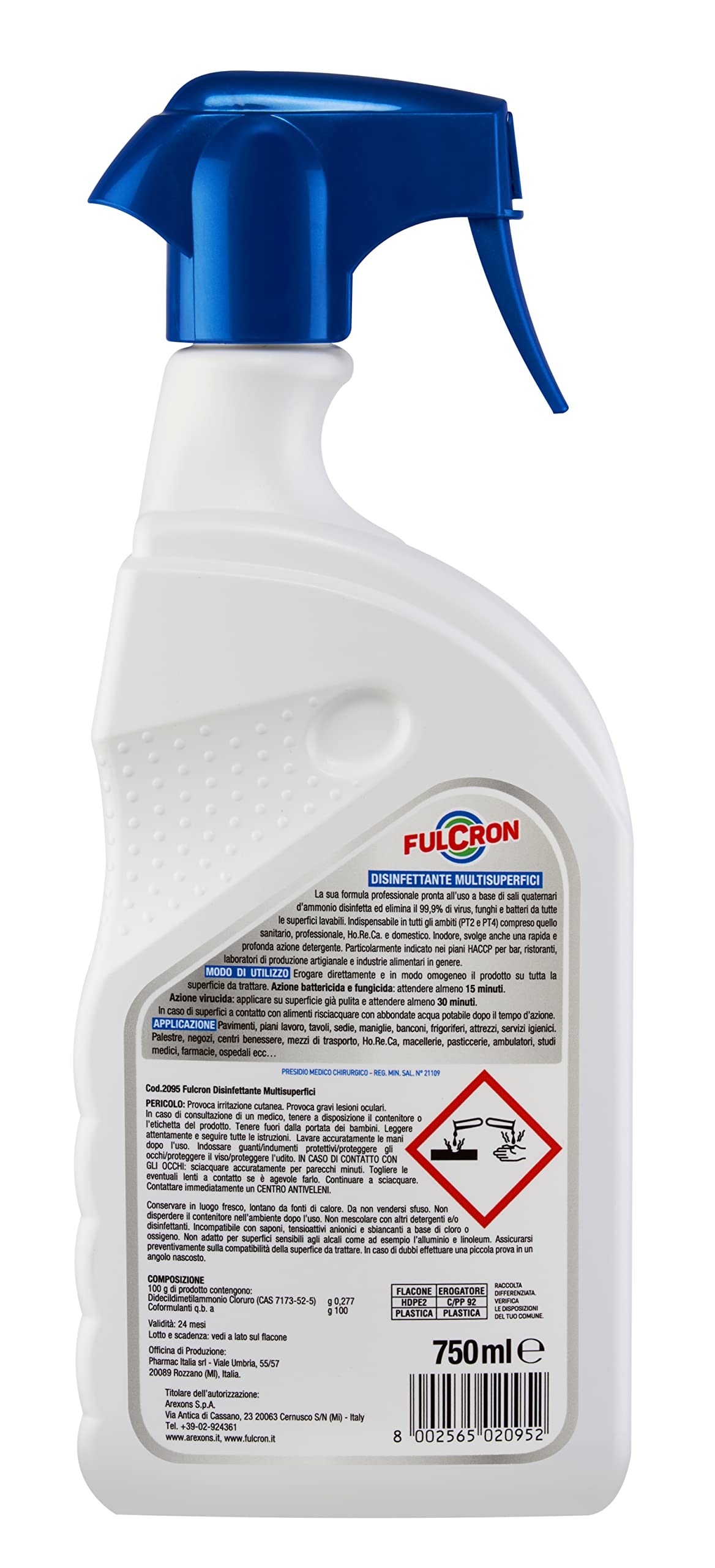 FULCRON Disinfettante Multisuperfici 750 Ml, Detergente Inodore, Elimina 99,9% di Virus Funghi Batteri