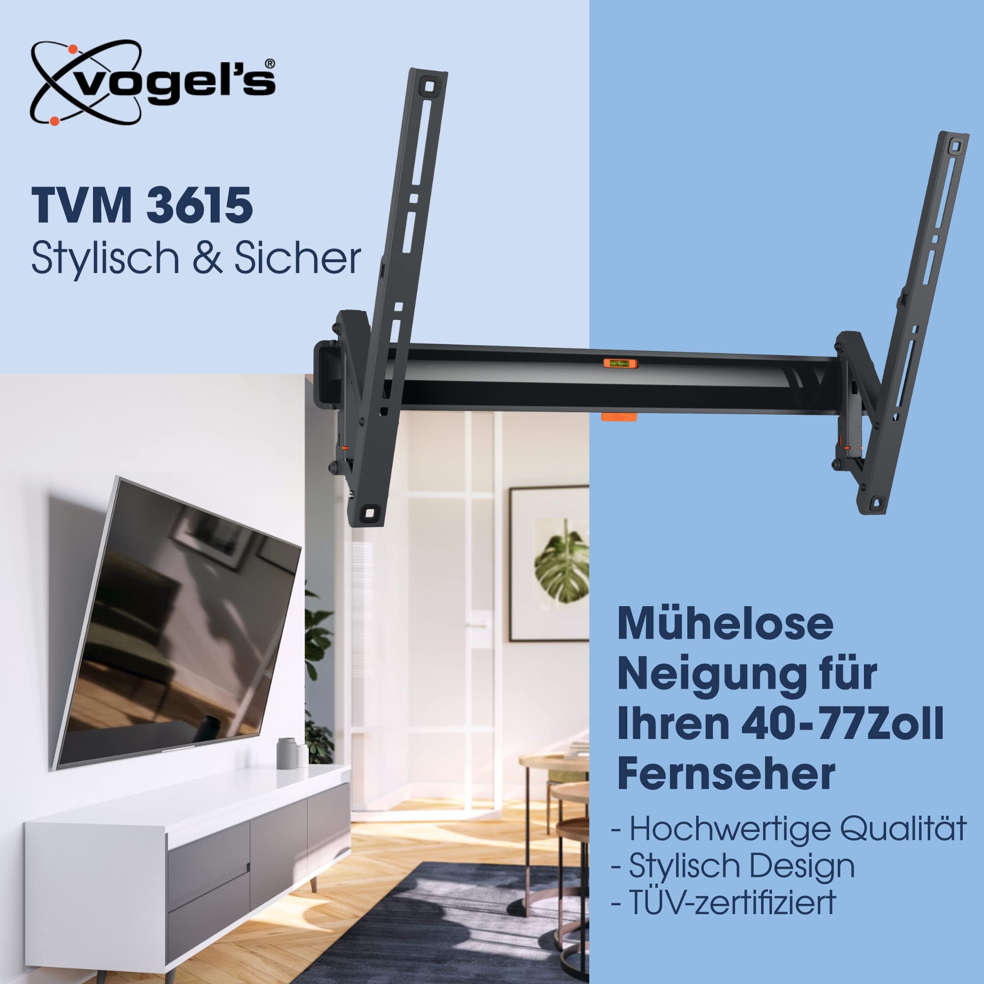 Vogel's Comfort TVM 3615 Neigbare TV-Wandhalterung für 40-77 Zoll Fernseher, Max. 35 kg, TV Halterung max. VESA 600x400, Universelle Kompatibilität