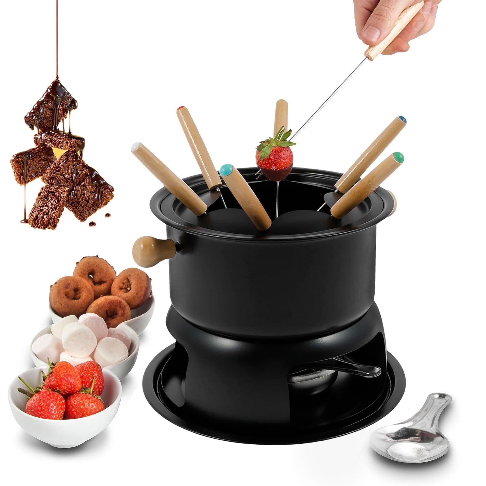 Chechy Czekoladki Fondue, Wszechstronny Zestaw Do Tyłu Fondue, Zestaw Fondue Ze Stali Nierdzewnej, Nawet Ogrzewanie Producenta Fondue, Ochronny Zestaw Fondue Z 6 Widelcami Do Topnienia Cze black 18cm