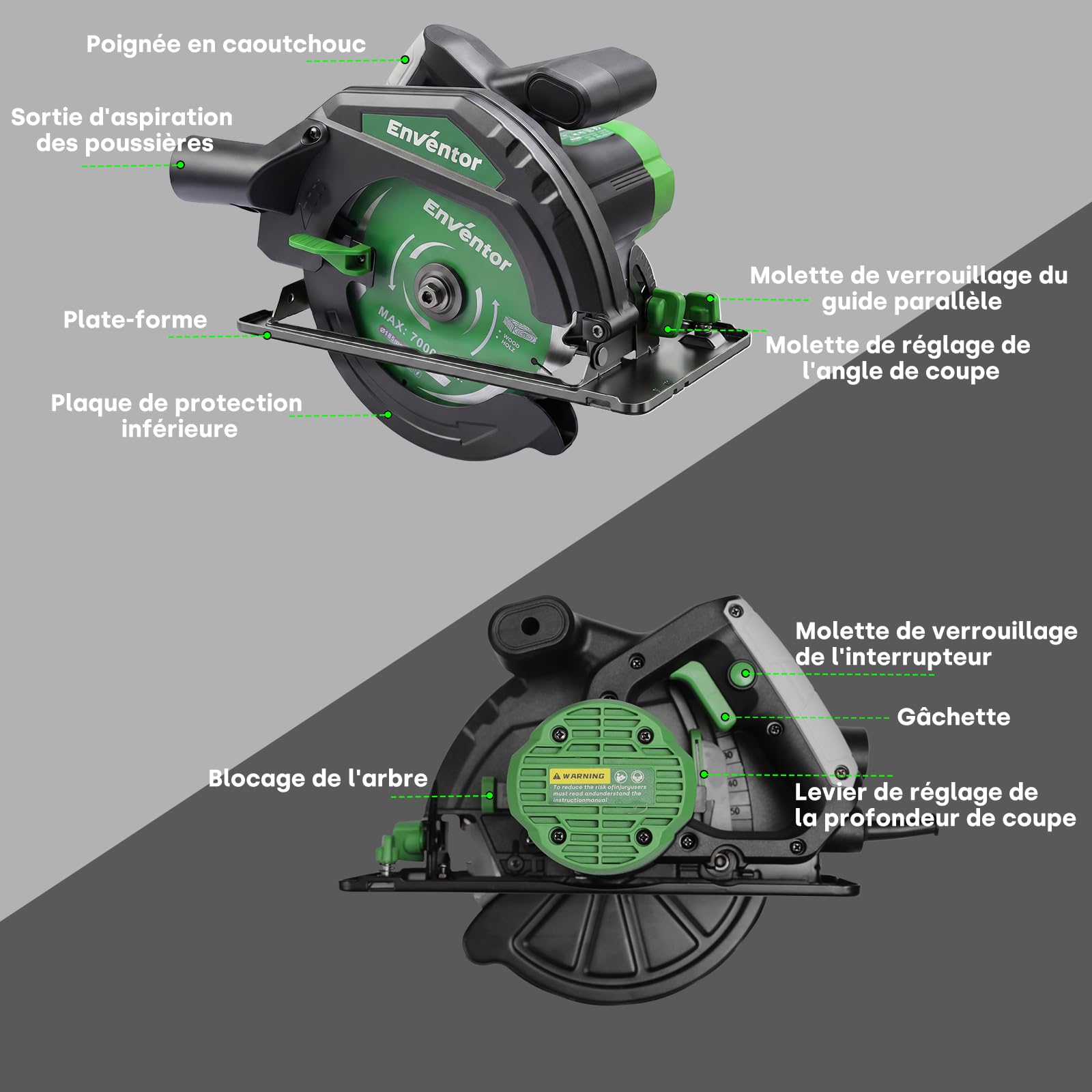 ENVENTOR 1300W Scie Circulaire, Filaire, Moteur Puissant | 5000RPM Scies Circulaires Électriques, coupe 65 mm (90 °), 44 mm (45 °), (Diamètre de Lame de Scie : 185 mm), pour Bois, PVC