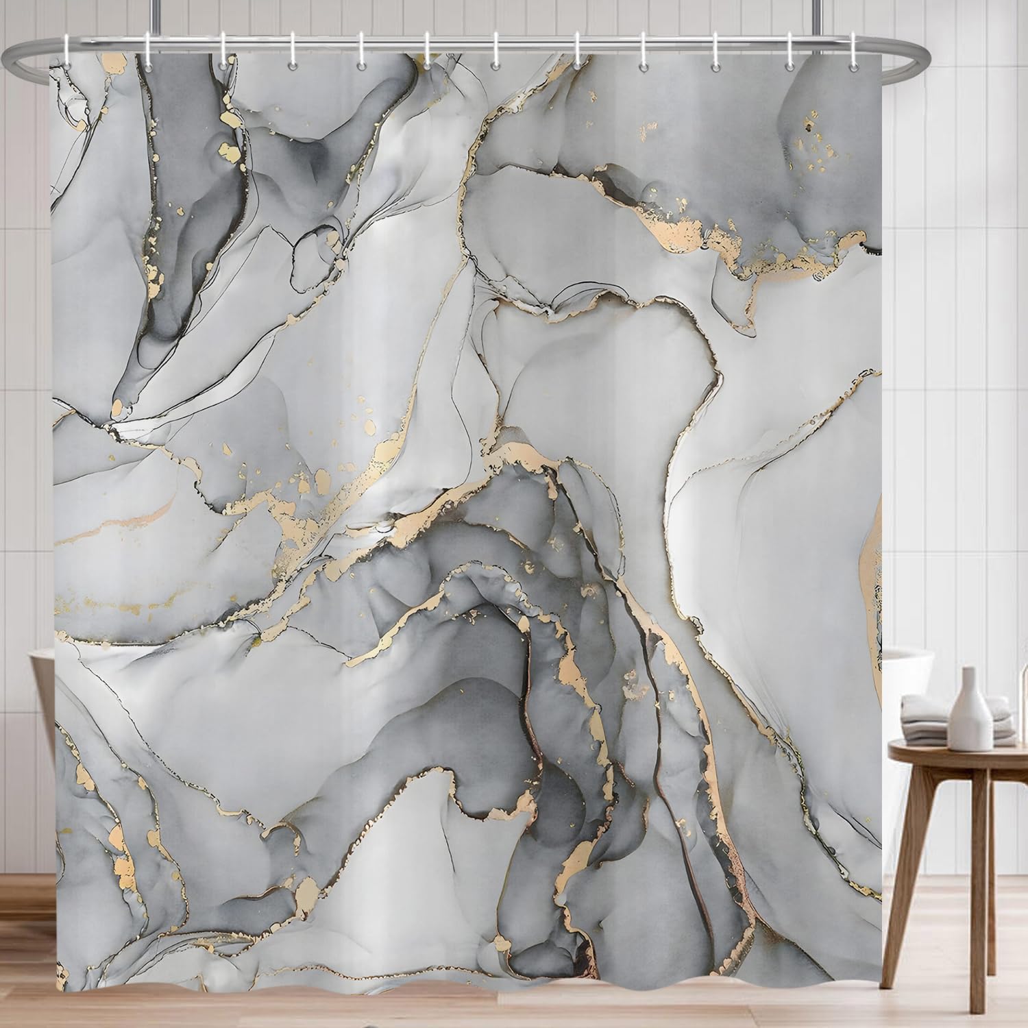Grey Marble Shower Curtain, Modern Abstract Luxury Grey Gold Ink Texture Watercolor Art Bathroom Curtains Ombre Machine Washable Waterproof Fabric Bathtub Curtain Set with Hooks 72" Wx72 L Grey 72"W x 72"L (Pack of 1)