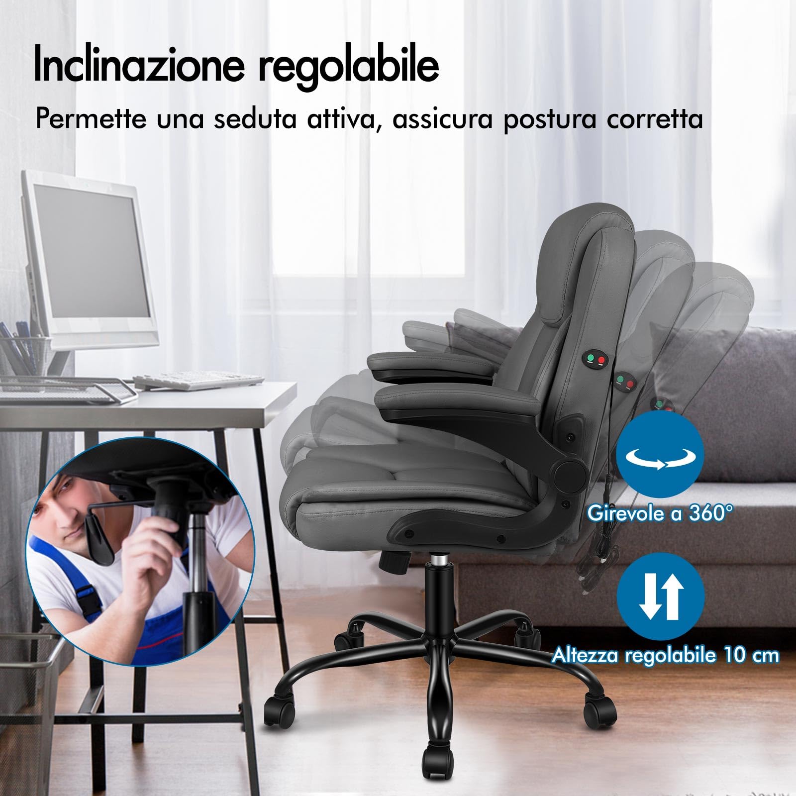 ALFORDSON Sedia da Ufficio Ergonomica con Massaggio, Supporto Lombare, Sedia Scrivania Poltrona Girevole ad Altezza Regolabile per Ufficio e Studio Sala Riunioni,Portante di 150 kg, Similpelle(Grigia)