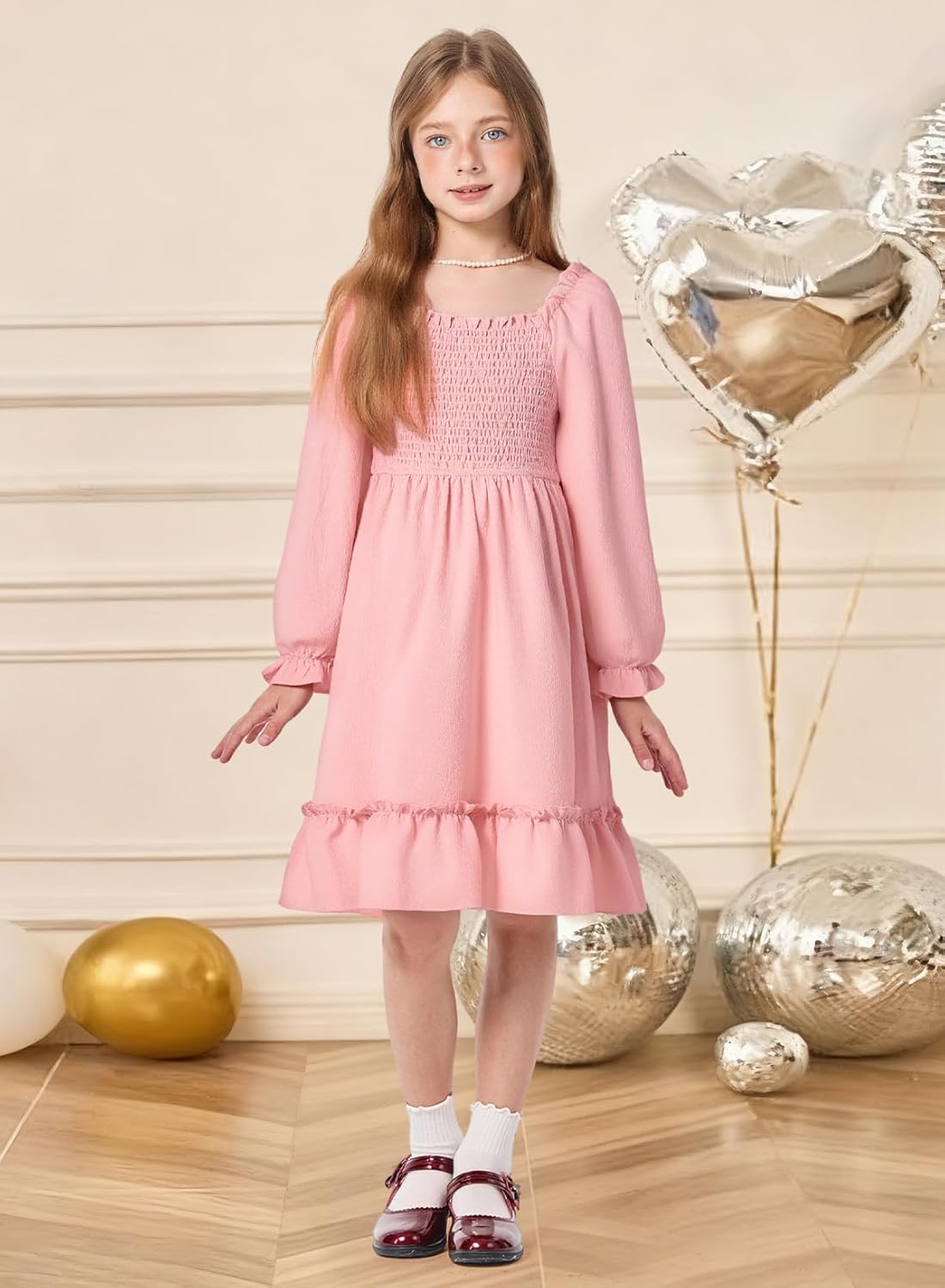 Girls Spring Dress Lantern Long Sleeve Square Neck Ruffle Dress Kids Easter Dress 5-14Y - Image 2