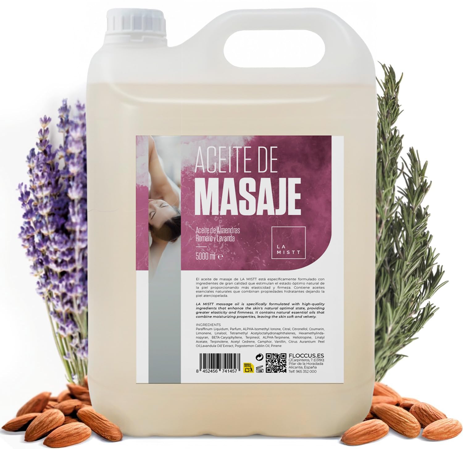 Olio di Massaggio Professionale 5L + Bottiglia ricaricabile 250 ml | Olio di Mandorle Dolci, Rosmarino, Lavanda e Finocchio | Olio per il Corpo