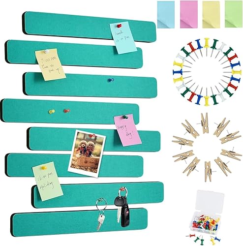 Miniatura 35 de Vuzvuv 8 tiras de tablón de anuncios con 50 chinchetas y 10 clips de madera, tablero de corcho autoadhesivo para pared, tablero de fieltro con Verde