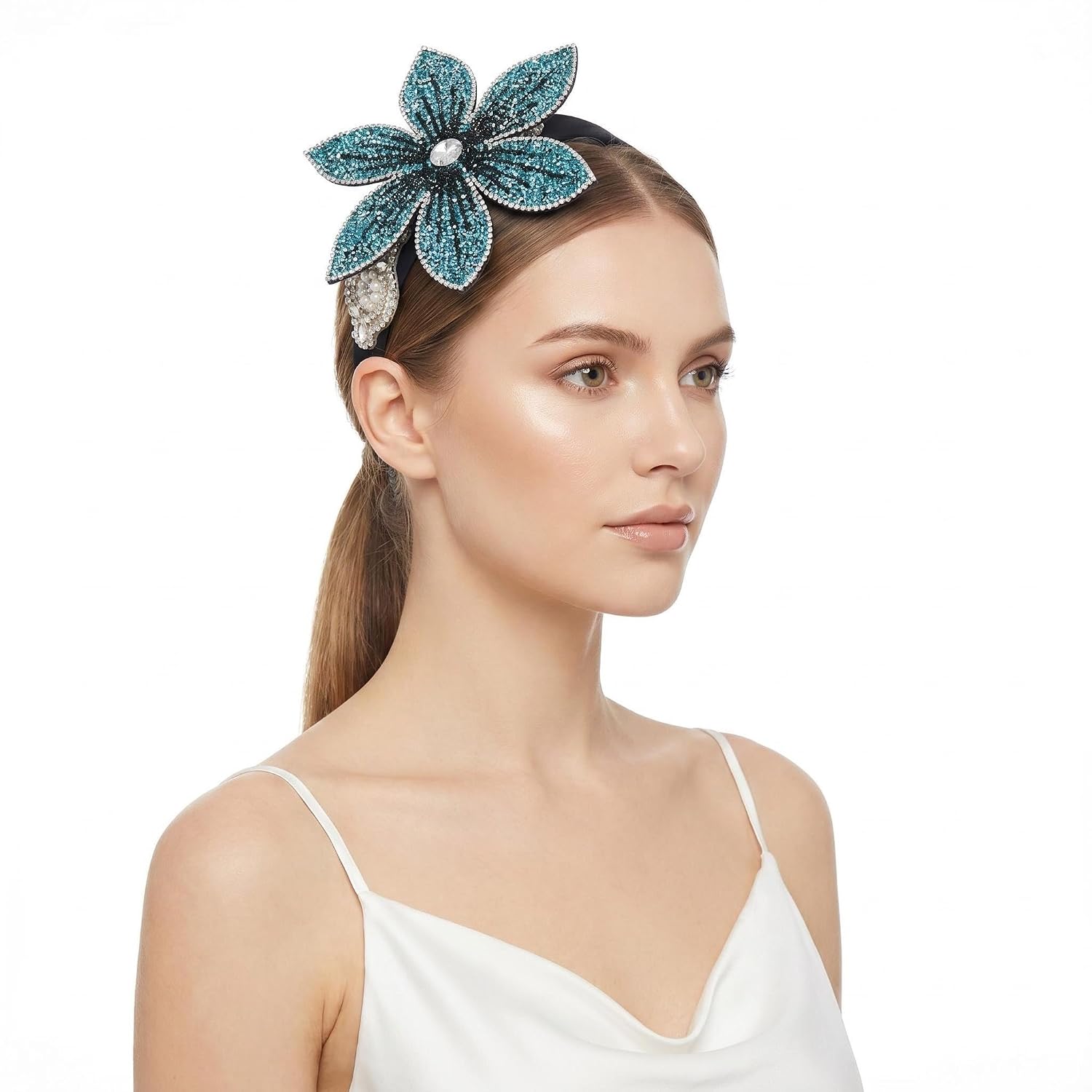 TURTLEDOVE Rhinestone Floral Headband, Luxury Crystal Flower Hair Band, Big Flower Embellished Accessories (Blue) image 4