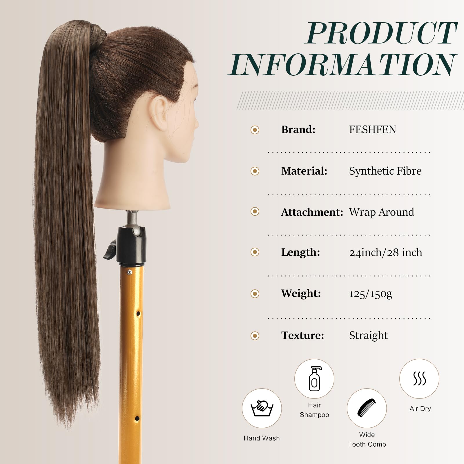 FESHFEN Postizos de Pelo 70 cm Largo Liso Cola de Caballo Extensiones Natural Sintética Ponytail Extensiones de Cabello Coleta Postizos para Mujeres, Castaño Chocolate